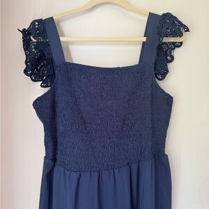 Navy Blue Smocked maxi Dress with Lace Sleeves